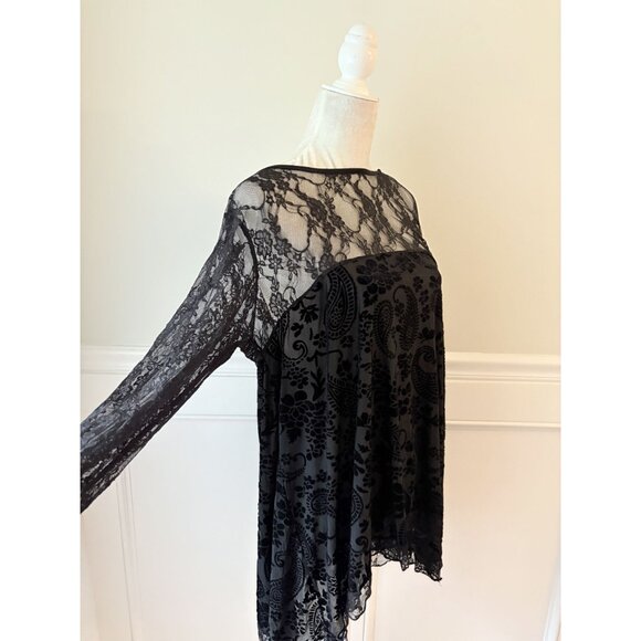 Black Lace Velvet Burnout Top Sheer Lace Yoke Long Sleeves Flowy Design Made In - Picture 2 of 4